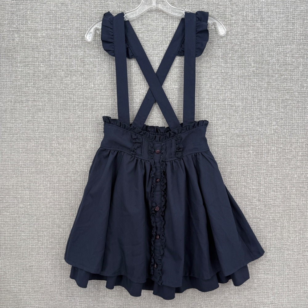 Liz Lisa Suspenders Skirt Women Sz 0 Navy Blue Ruffle Trim Bow Back Coquette